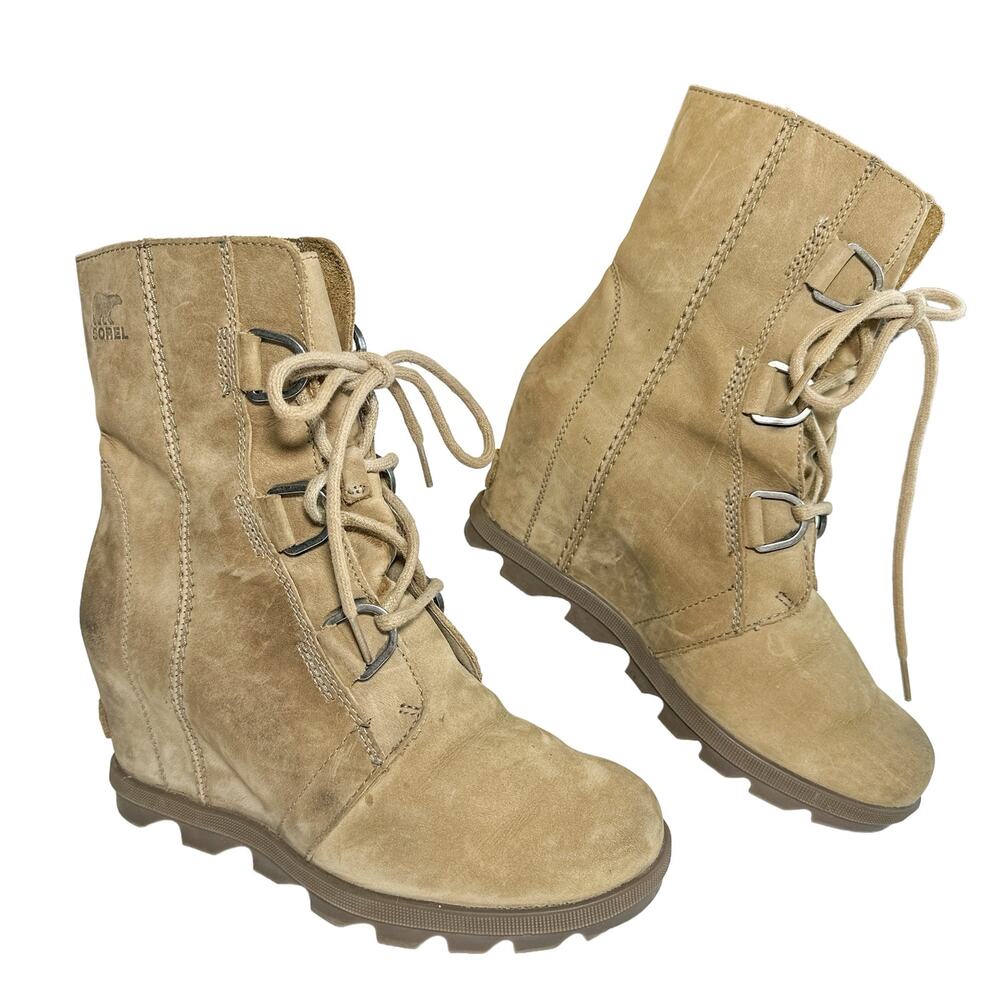 Sorel Joan of Arctic Wedge II Leather High Top Lace Up Lug Sole Boots Tan 8